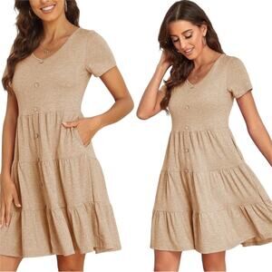 NWT Sexyasasii Short Sleeve Babydoll Button Swing Dress Heather Wheat Size Large